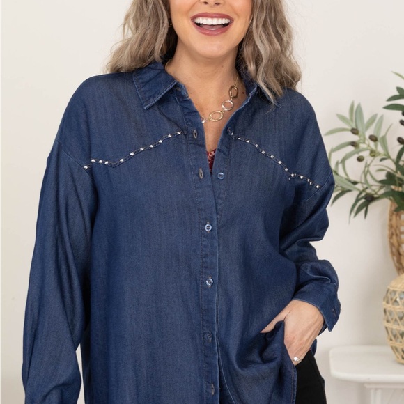 Studio Tops - Studio Dark Blue Denim Button-Up Top